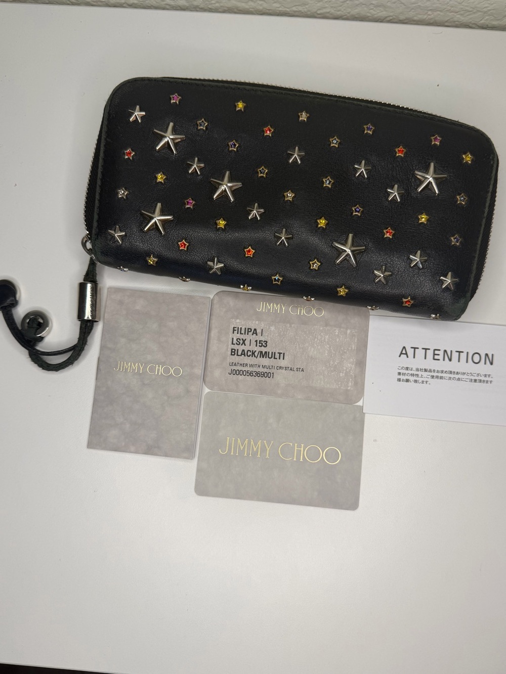 Jimmy Choo Black Leather Star-Studded Zip Wallet with Multicolored Stars